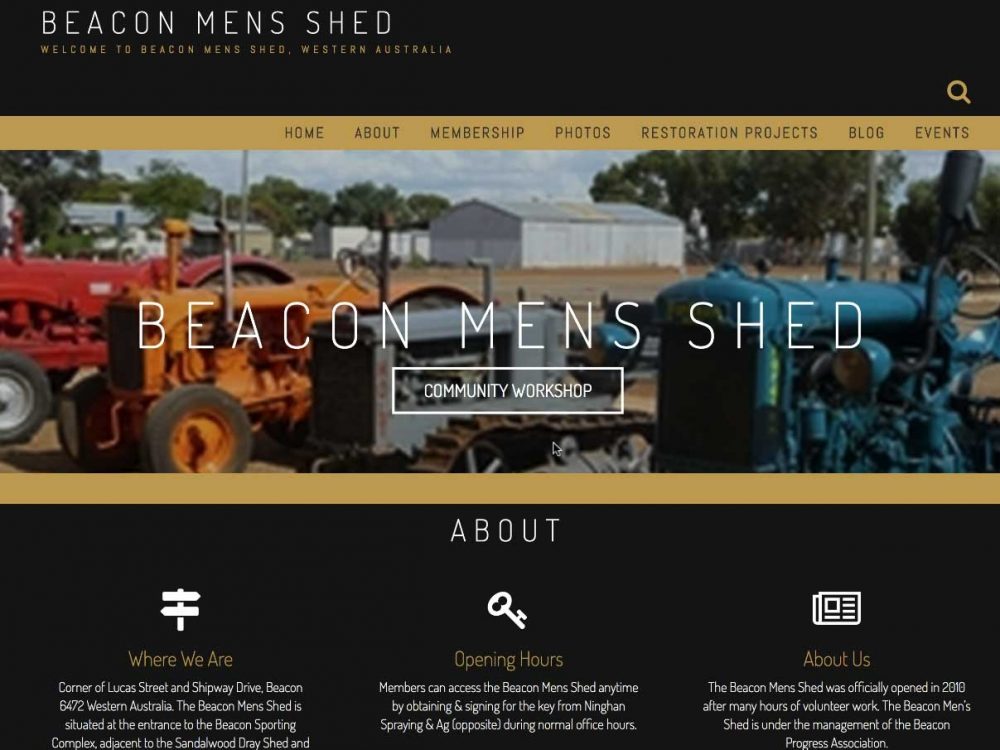 A screen shot of the homepage of the Beacon Mens Shed website
